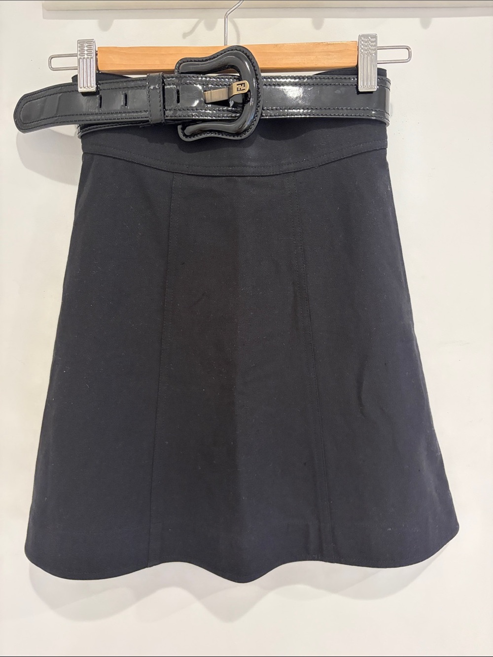 Vintage Fendi Black A-Line Skirt with Patent Belt